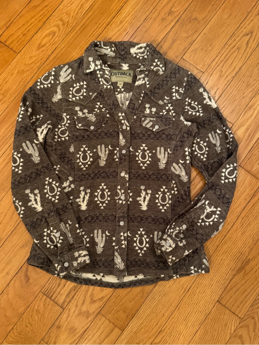 Outback Trading Co. Brown Cactus Front Snap Fay Shirt Sz S Western Rodeo Ranch